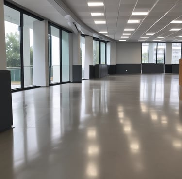 A smiling professional cleaner in uniform holding cleaning supplies in a bright office space.