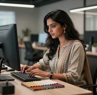 A professional South Asian / Indian woman in creative attire, working in a modern office with textile swatches and a high-tech computer monitor, focused and elegant.
