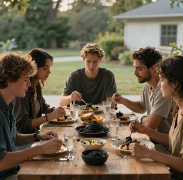 Candid photography of a group of friends sharing a meal on a North American patio. Warm, cinematic lighting, soft sand table settings and charcoal details.