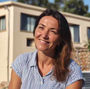 Three modern beach houses with large windows and balconies are situated side by side. A sandy beach lies in the foreground, and a tall palm tree stands behind one of the houses. Bright red umbrellas are visible on the patios, adding a pop of color to the neutral tones of the buildings.