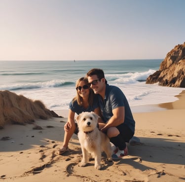 A seaside scene featuring a pebble beach with scattered people relaxing. The beach leads to a promenade with a line of various buildings, some with architectural details. The ocean is calm with gentle waves, and the sky is partly cloudy, casting shadows over the area.