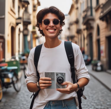 A smiling young influencer showcasing their travel adventures.