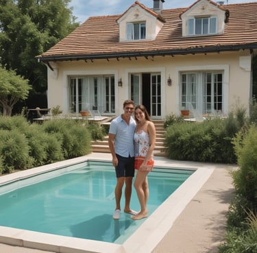 A happy family enjoying their small pool in a garden.