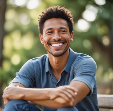 A smiling man in a serene outdoor setting, representing recovery and hope.