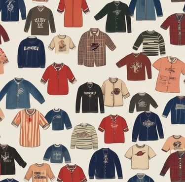 A market stall displaying a collection of vintage t-shirts and hats under a white canopy. The t-shirts are various colors and feature different graphic designs. Several baseball caps are hung along the top frame of the stall. A sign indicates a special offer of three t-shirts for $25. A blue storage bin is visible at the bottom right.