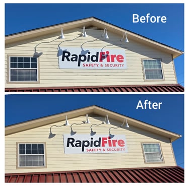 Removed dirt and grime from where old business sign was located on front of building. 