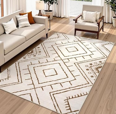 Beige Moroccan Tribal Bohemian Rug – Washable Low-Pile Geometric Pattern Area Rug for Living Room 