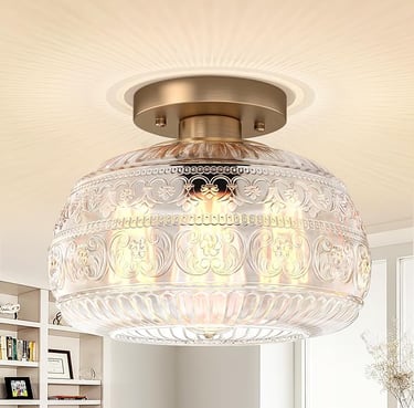 Gold semi flush ceiling light for living room, modern close-to-ceiling fixture.