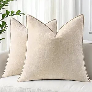 Decorative beige throw pillow covers for sofa, modern soft chenille design.