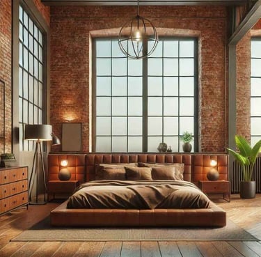 Industrial bedroom with exposed brick and metal accents – urban modern interior design.
