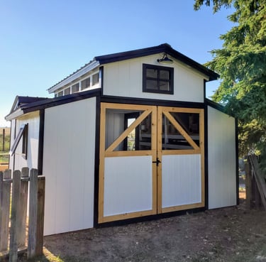 Front of custom rabbit barn with swing open front doors, security light. El Paso County, near Colorado Springs.