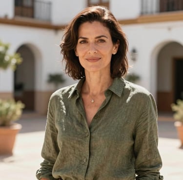 A professional woman in her 40s with a confident and warm expression, wearing a smart-casual olive green linen shirt, standing in a sunny Mediterranean / Spanish / Andalusian courtyard.