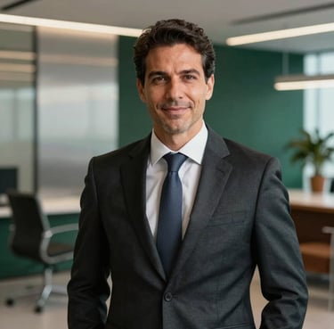Professional portrait of a corporate executive in a Brazilian office setting, wearing a sophisticated dark suit, looking confident and smiling slightly. The background is softly blurred, showing a modern business lounge with silver and deep green decor.