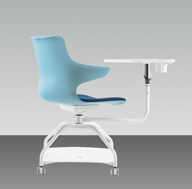 Student chair with writing tablet and wheels, blue seat and white frame