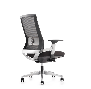 Black mesh ergonomic office chair with polished base, adjustable armrests and lumbar