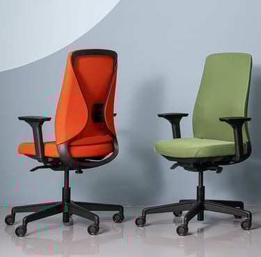 Red and green ergonomic task chairs with mesh backs and adjustable armrests