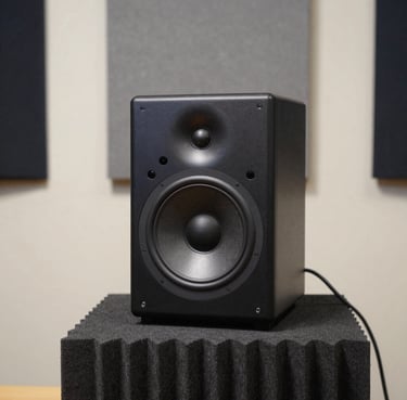 A sleek studio monitor speaker sitting on an acoustic isolation pad. The background shows a professional sound-treated wall with clean, modern grey panels. Sophisticated lighting with off-white and dark navy tones. Southern European / Spanish professional environment.