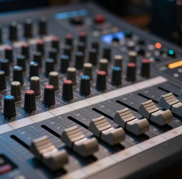 A professional close-up photograph of a high-end audio mixing console fader in a dim studio setting. The lighting is moody with hints of dark navy and muted blue, highlighting the metallic texture and technical precision of the equipment. Southern European / Spanish studio context.