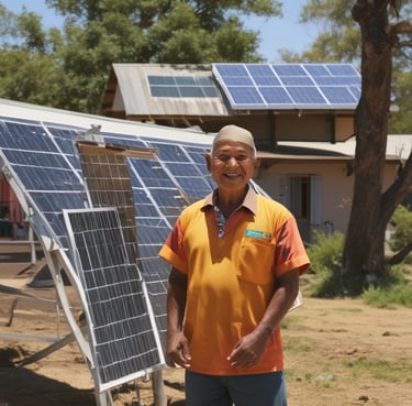 Smiling community members gathered near solar panels installed in a sunny Ecuadorian village.