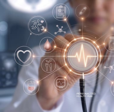 Digital healthcare interface showing medical icons and heartbeat analytics for personalized patient data.