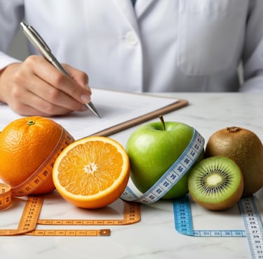 A nutritionist writing a healthy meal plan behind fresh fruit wrapped in measuring tapes for weight loss.