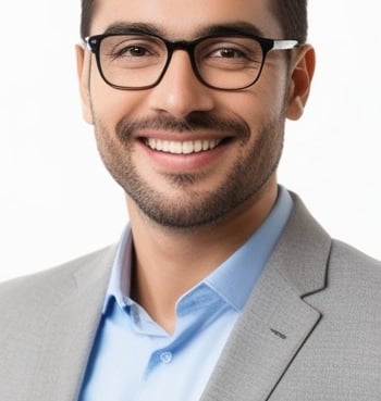 a smiling man in a suit and glasses