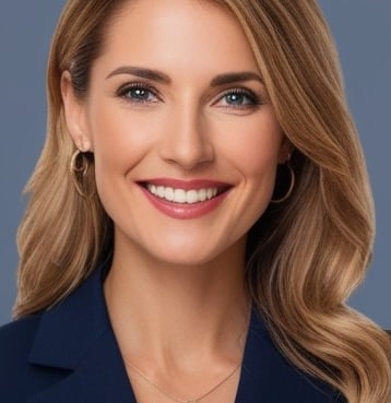a woman in a blue suit and a necklace