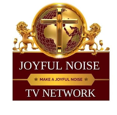 Joyful Noise TV Network logo with a golden cross, globe, and lions on a maroon background.