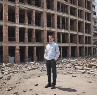 A man standing in front of the structural repair of his apartment complex
