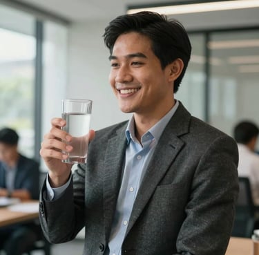 A candid, high-end lifestyle portrait of a young professional in a modern Southeast Asian / Thai office setting, smiling while holding a glass of a crisp, clear beverage. Natural lighting.