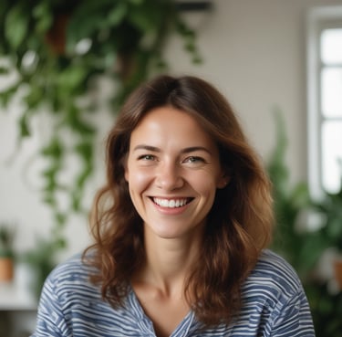 Several colorful garden gnome figurines are arranged on an outdoor table covered with a floral-patterned cloth. The scene is set in a garden with lush greenery in the background. A black plastic chair is partially visible on the right side, and a transparent ashtray can be seen on the table.