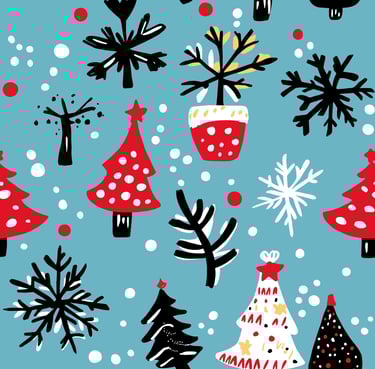 A cheerful seamless pattern with Christmas trees, snowflakes & holiday elements in blue, red & white