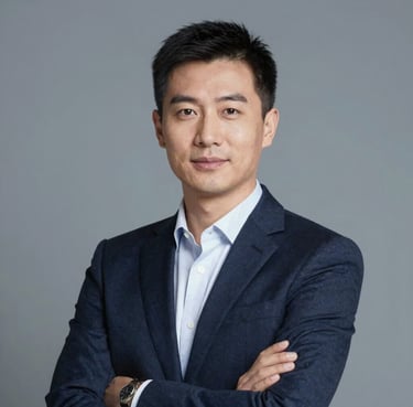 Portrait of a professional business owner looking confident and controlled. Soft lighting, neutral background with #2F5B8B tones.