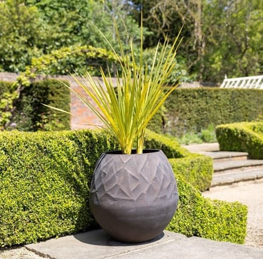 A decorative textured round Primrose garden planter with a vibrant green yucca plant