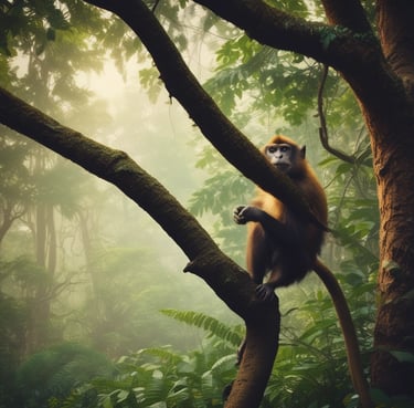 A blue coach bus with travel agency branding is crossing a narrow stone bridge surrounded by lush greenery. In the distance, a few people can be seen walking on a country road.