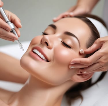 A close-up of a woman smiling with radiant skin, enjoying a facial treatment.