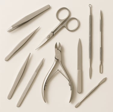 Stainless steel beauty tools including scissors, tweezers and nail tools, durable export grade groom
