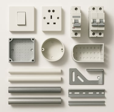 Electrical fittings including switches, sockets and installation accessories for construction projec