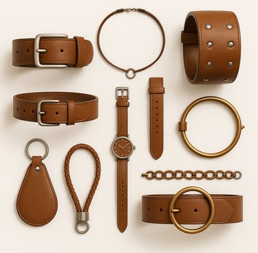 Leather fashion accessories including belts, straps and small items, export quality