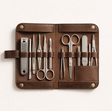 Complete beauty kits with manicure and grooming tools in travel cases, curated export quality beauty