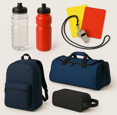 Sports accessories including bags, bottles, protective gear and training items