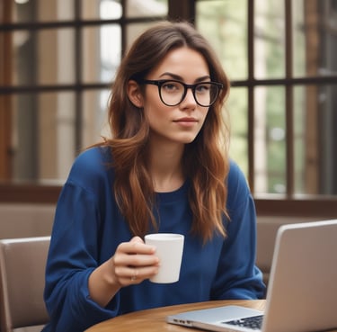 a woman in glasses and a blue shirt is holding a cup of coffee