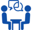 A blue icon depicting two people sitting across a table with a musical note in a speech bubble above them.