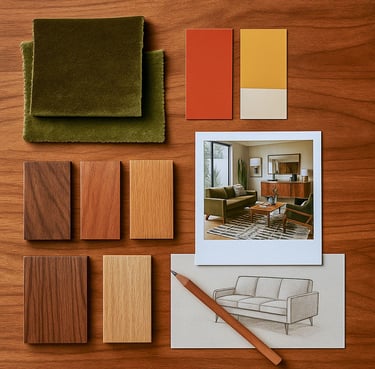 Flat lay of Mid-Century color swatches: walnut, mustard, burnt orange, olive