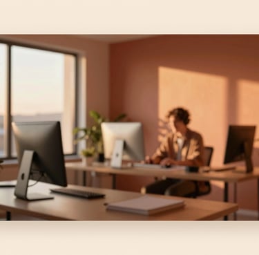 Wide cinematic shot of a modern, warm studio at golden hour. A software developer is visible in the background, focused and content. The palette features Terracotta (#8C5845) and Soft Sand (#F7F4E9).