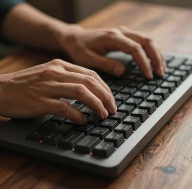 Cinematic close-up of a person's hands coding on a mechanical keyboard. Warm, sun-drenched lighting effects. Dark wood textures and #8C5845 elements in the frame.