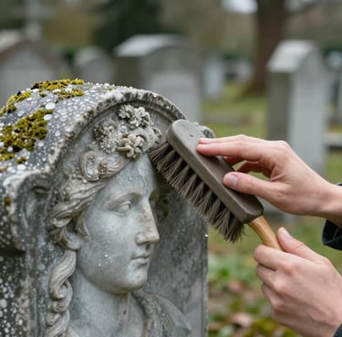 Soft overcast daylight, close-up of hands gently brushing a historic marble headstone with a soft-bristled brush, water droplets on stone texture, moss-covered cemetery background out of focus.