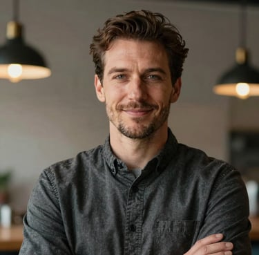 A professional portrait of a confident Western European restaurant owner in professional attire, looking directly at the camera with a subtle, reliable smile. Soft studio lighting.