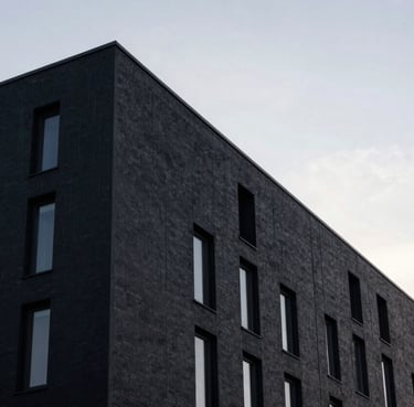 View of a contemporary black building facade against a pale morning sky in Northern Europe, sharp geometric angles, minimalist aesthetic.