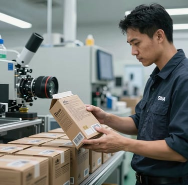 A professional packaging engineer in a modern North American facility, inspecting a printed carton for quality. They are wearing professional attire and the background shows high-tech equipment in a clean, sophisticated environment.